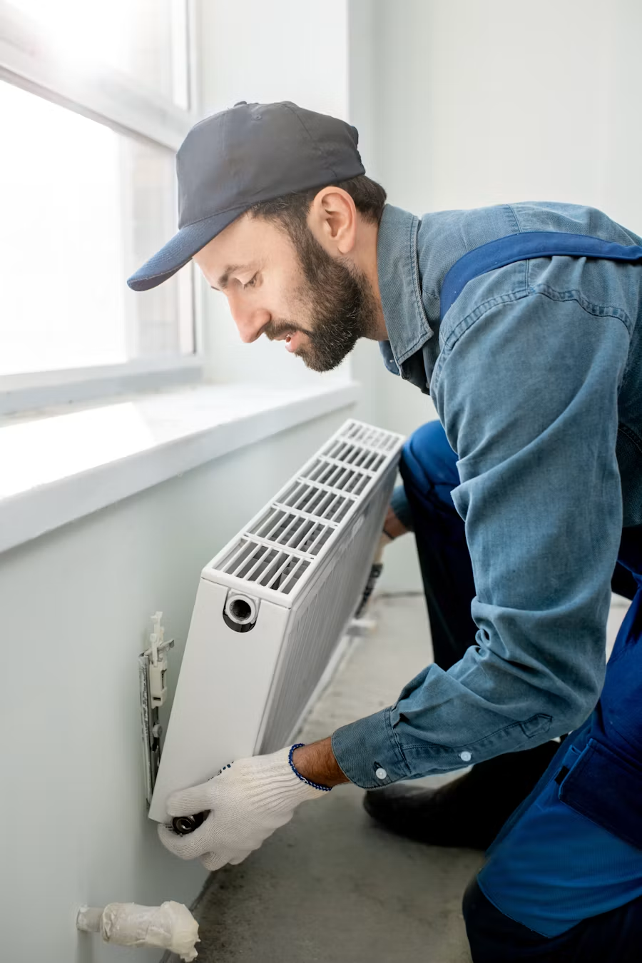 Commercial HVAC technician servicing heating equipment