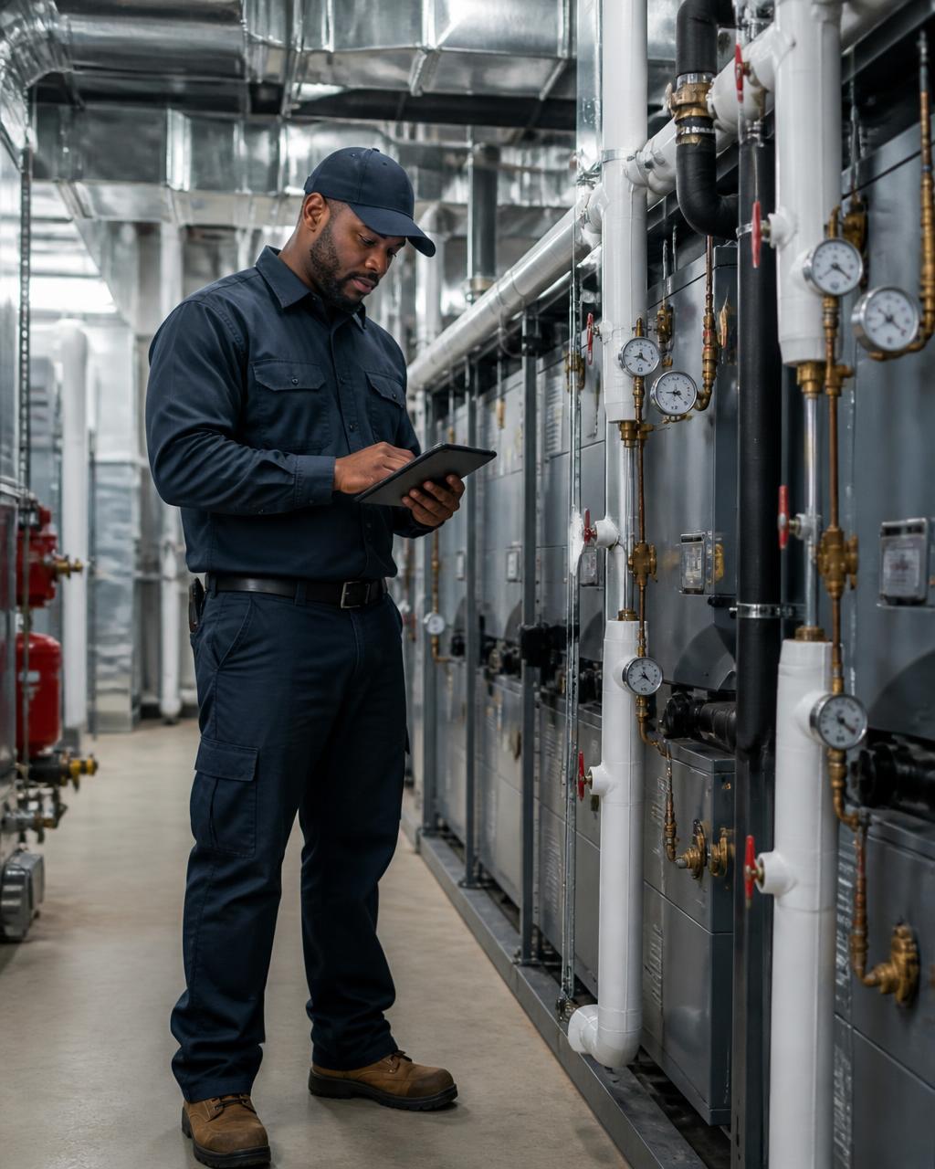 Technician documenting a scheduled commercial HVAC inspection
