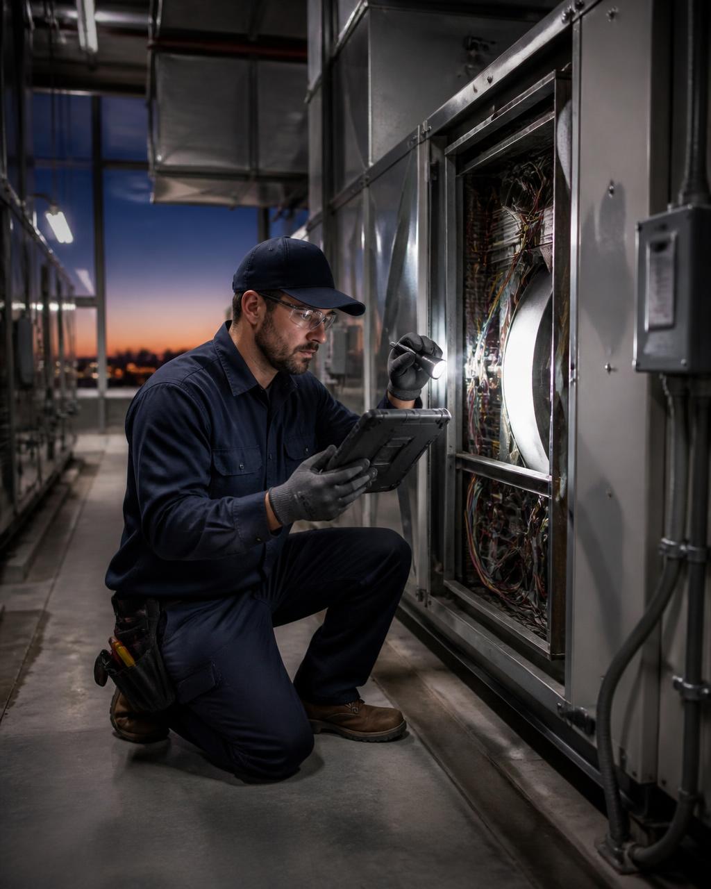Technician responding to an urgent commercial HVAC service call