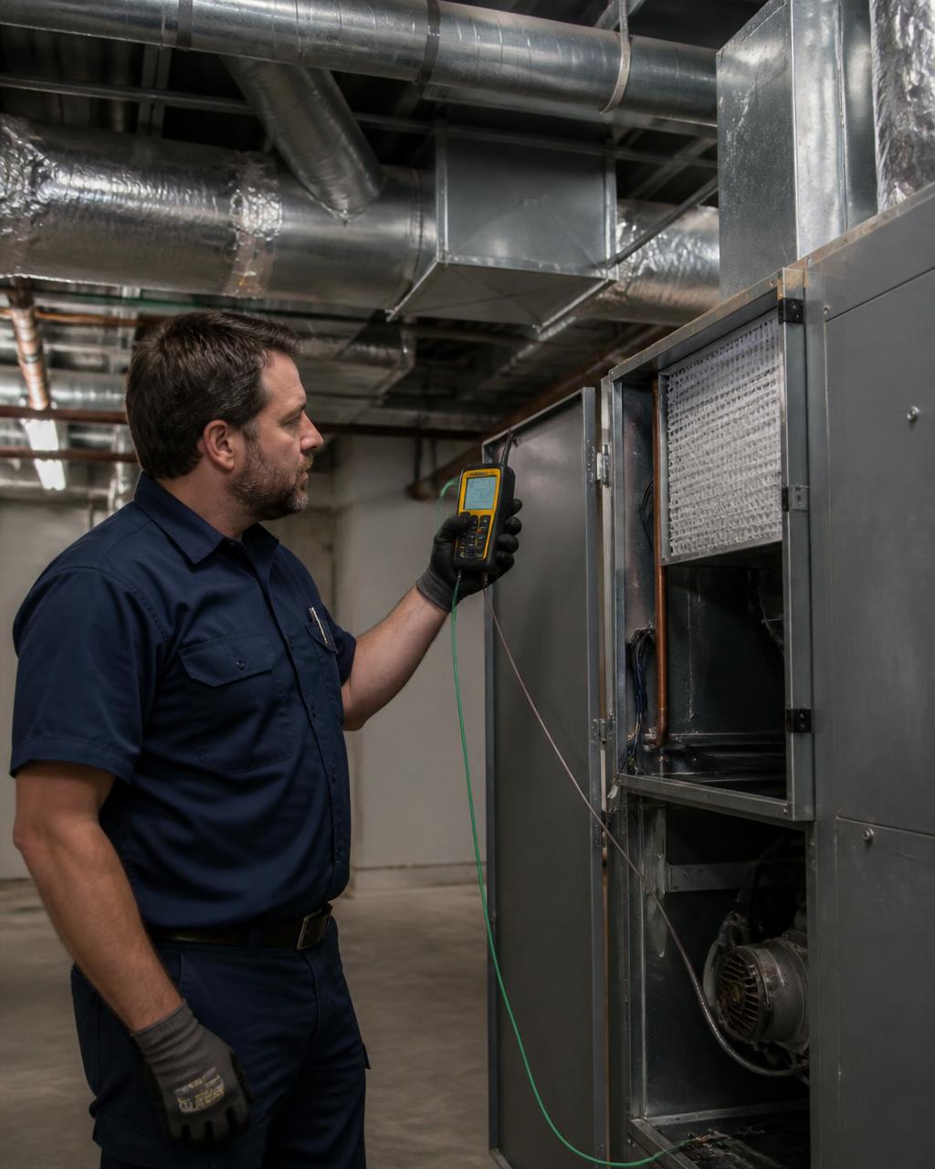 Commercial HVAC specialist evaluating system airflow and performance