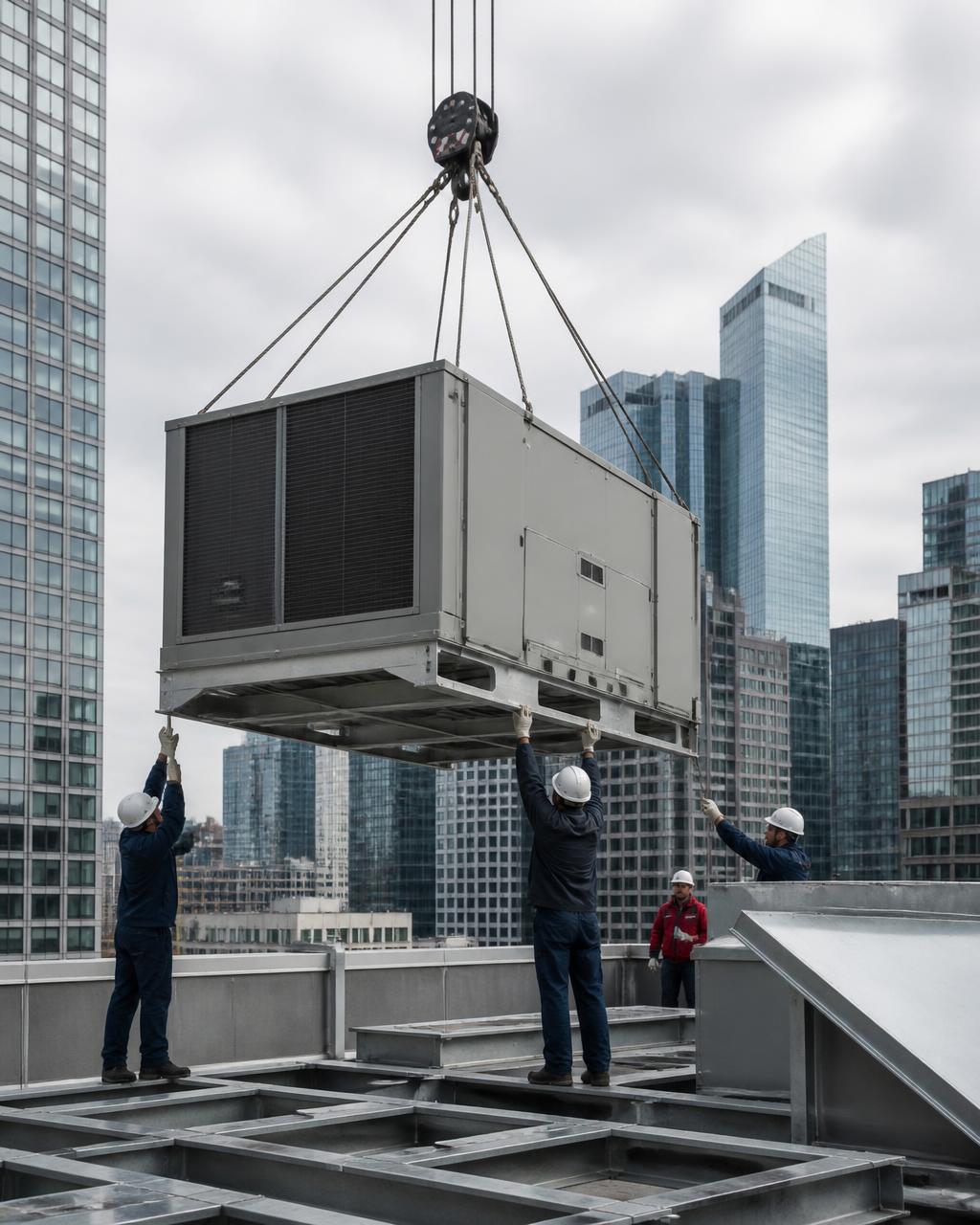 Commercial rooftop HVAC equipment being installed on a city building