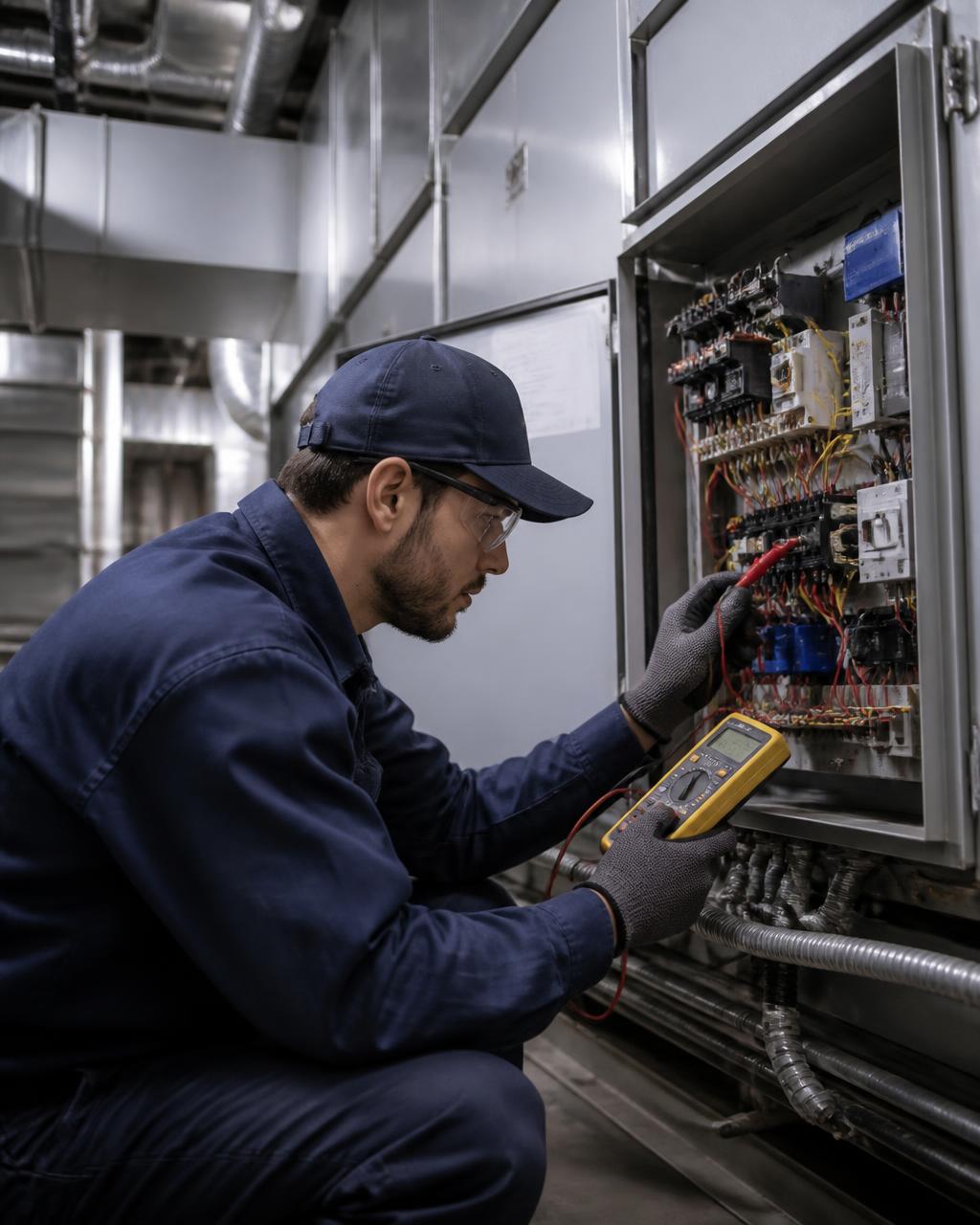Technician diagnosing a commercial HVAC electrical control panel